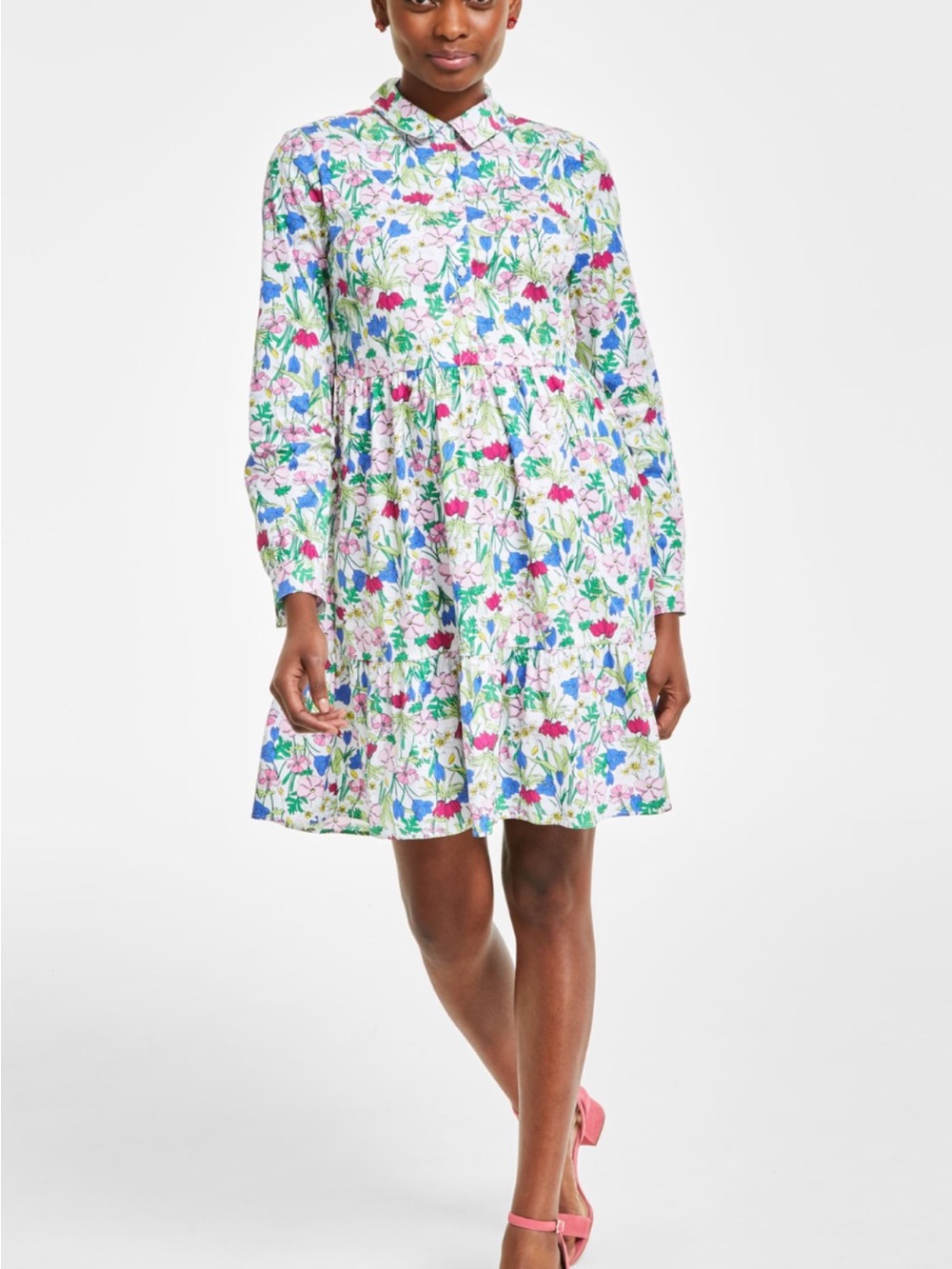 Charter Club White Floral Stretch Cotton Collared Tiered Shirt Dress Size Large